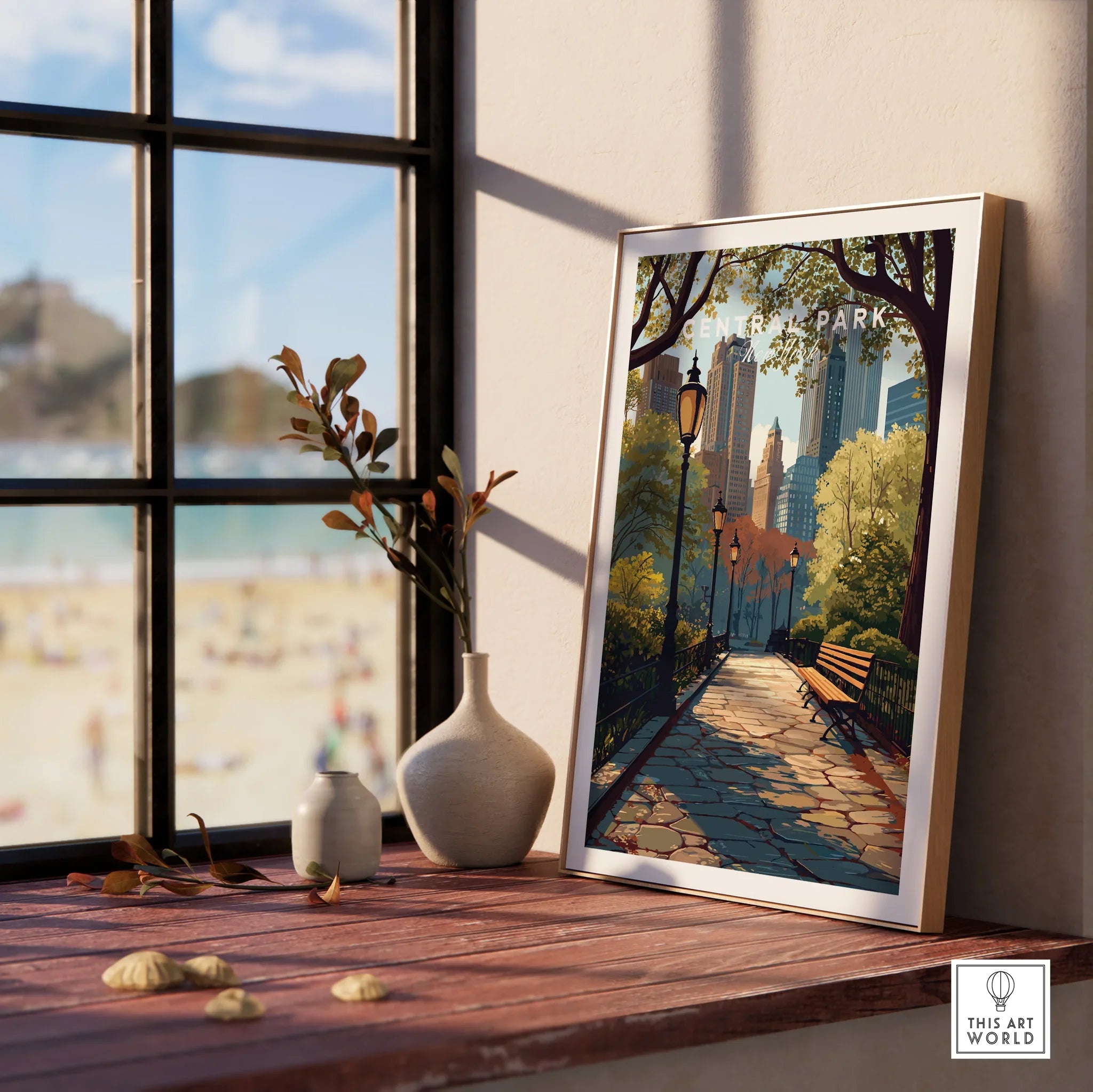 Framed Central Park travel poster on wooden windowsill with ceramic vases, cityscape art print