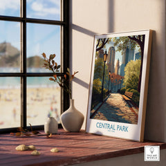 Framed Central Park art print on wooden windowsill, city skyline wall art, home decor