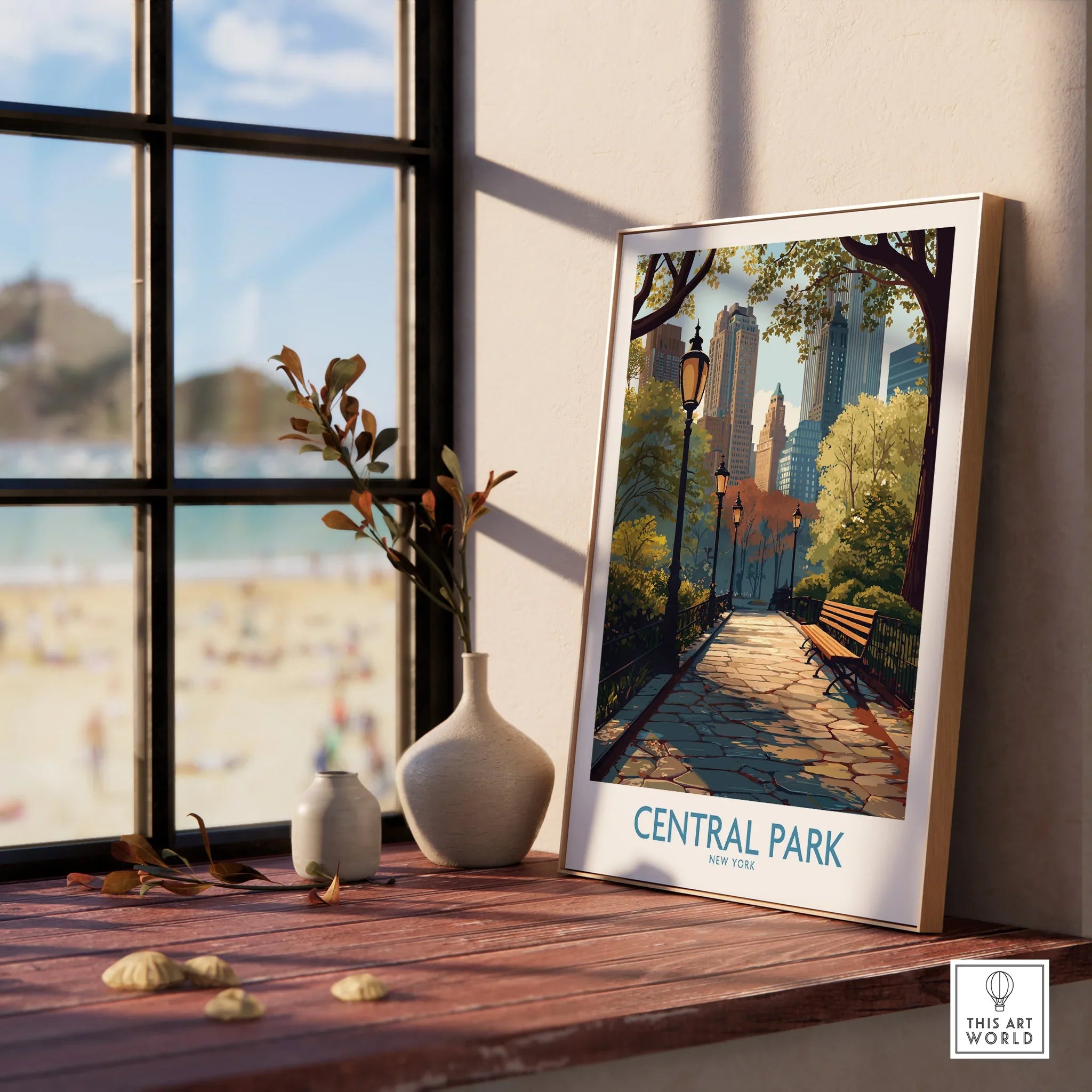 Framed Central Park art print on wooden windowsill, city skyline wall art, home decor