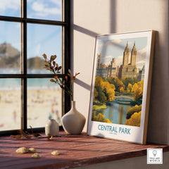 Framed Central Park travel poster on window sill with vases, city skyline wall art decor