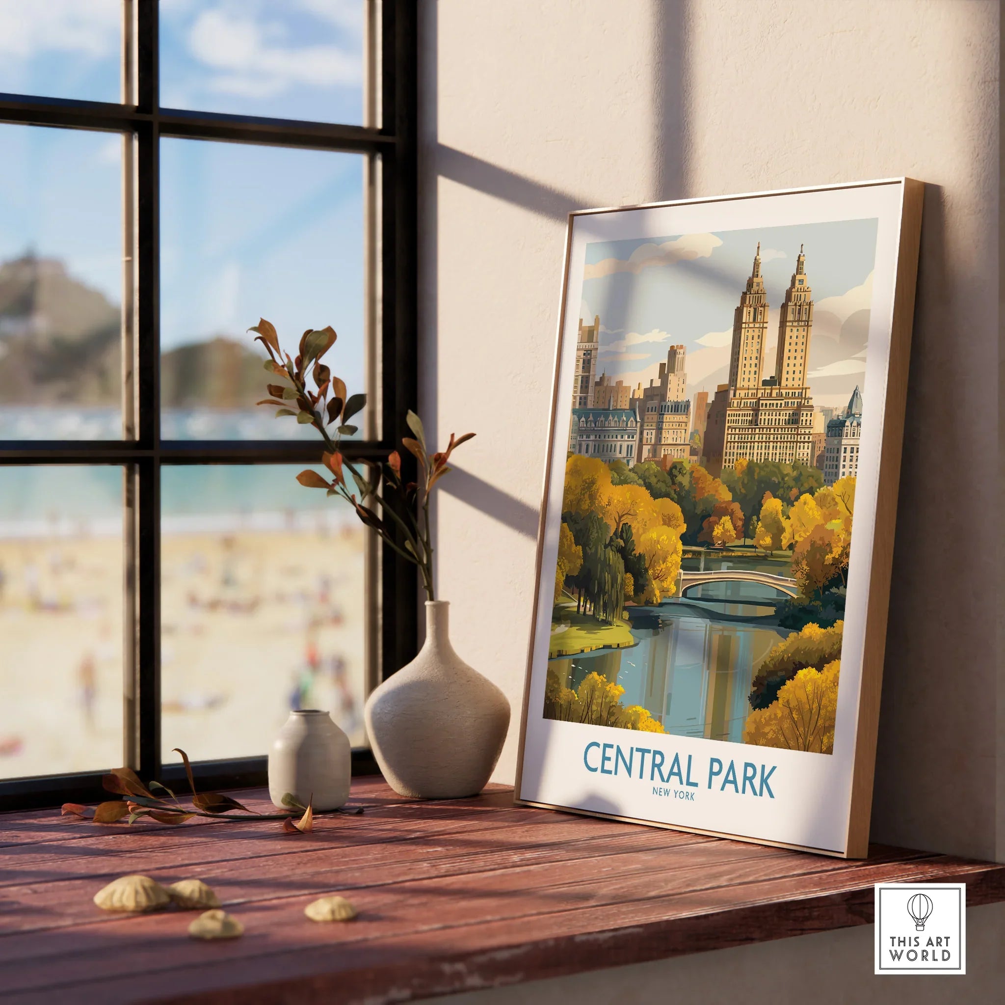 Framed Central Park travel poster on window sill with vases, city skyline wall art decor
