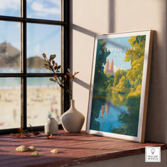 Framed Central Park New York art print on windowsill with natural wood frame, home decor