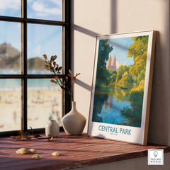 Framed Central Park art print on sunny windowsill with vases and natural wood decor