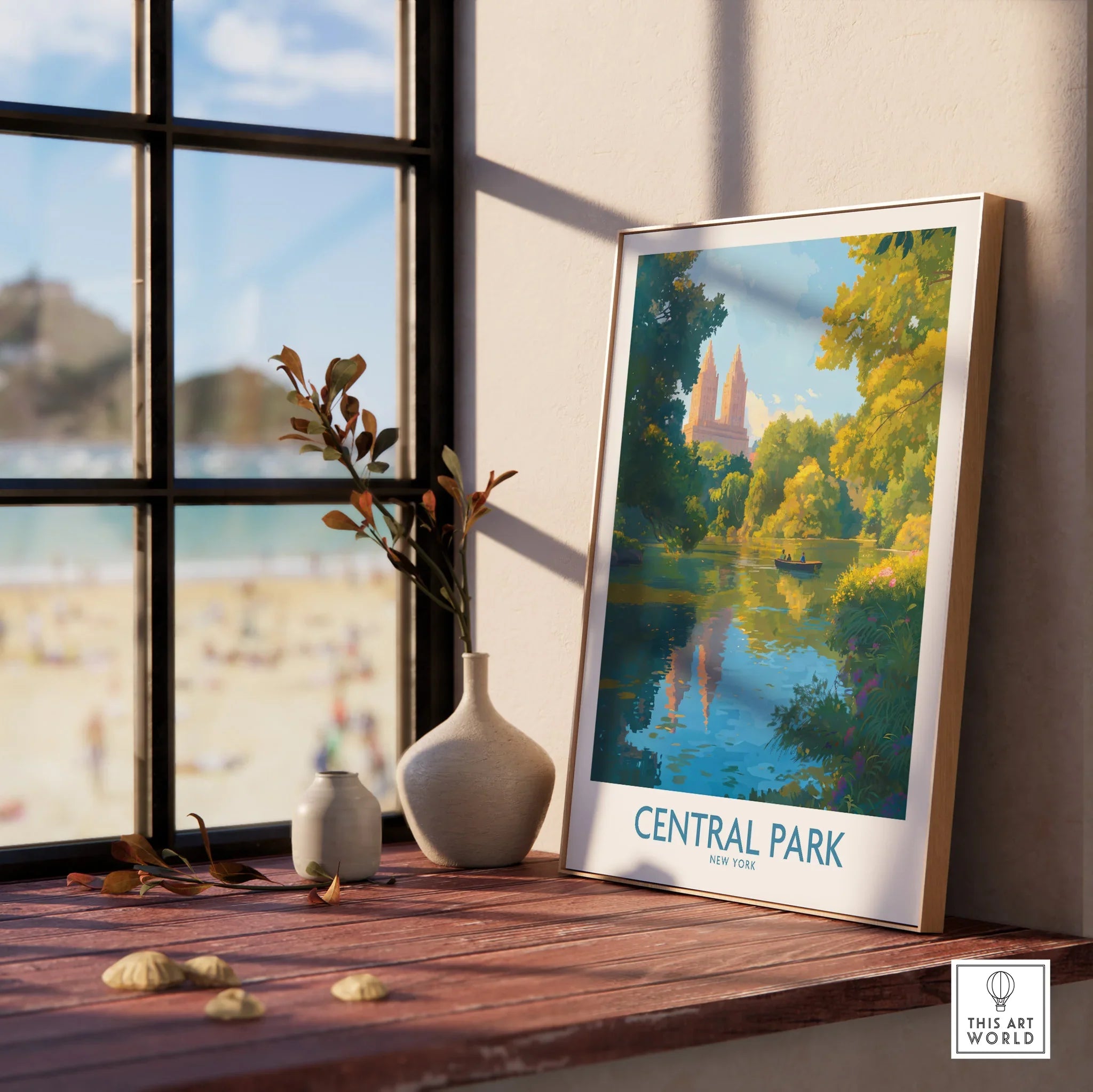 Framed Central Park art print on sunny windowsill with vases and natural wood decor
