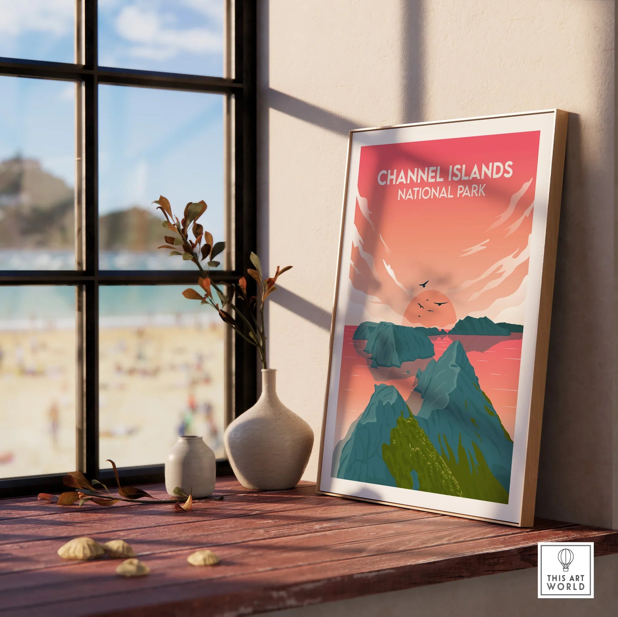 Framed Channel Islands National Park travel poster on windowsill with beach view