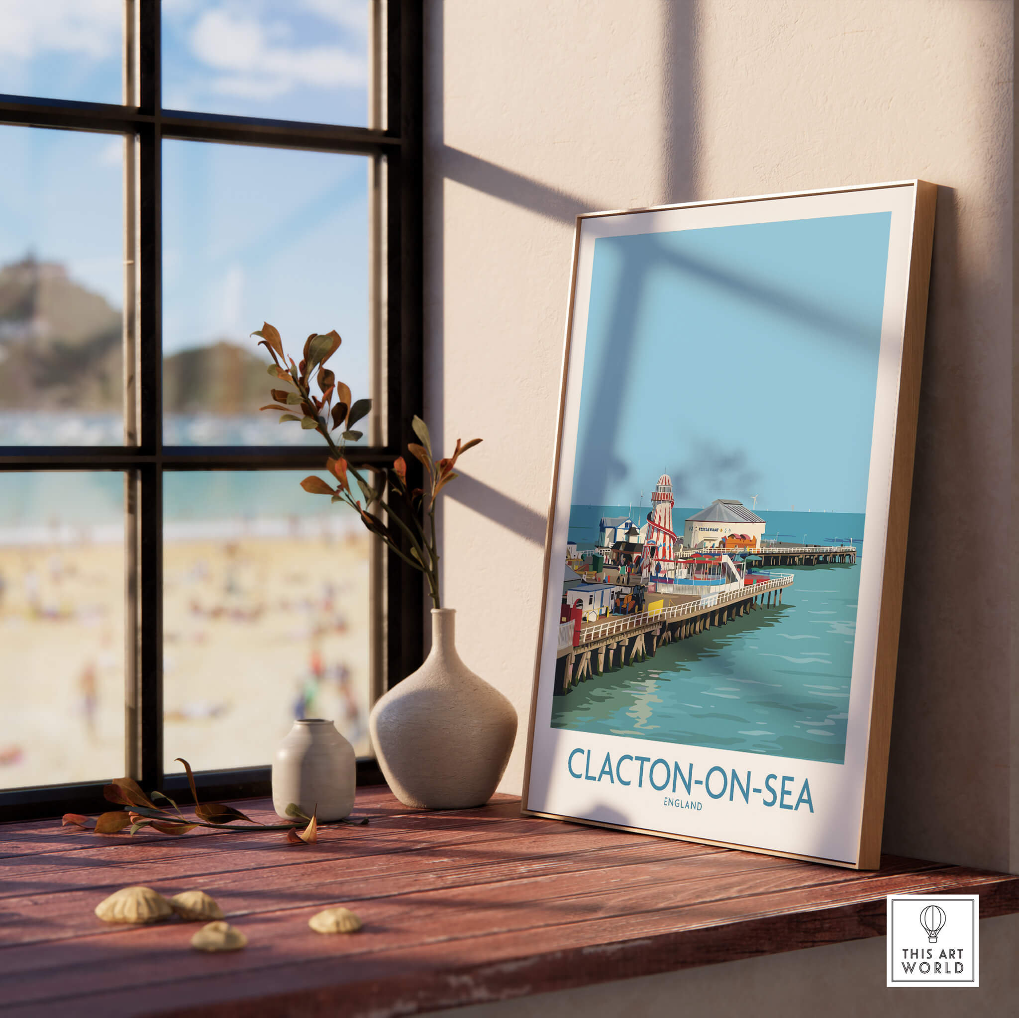 Clacton-on-Sea England Wall Art – British Seaside Decor featuring a coastal scene with a pier and beach.