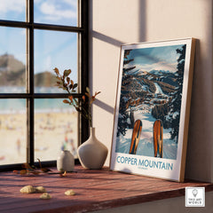 Copper Mountain Colorado Wall Art – Winter Ski Resort Print displayed on a wooden table by a window.