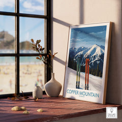 Copper Mountain Ski Wall Art Ski Print featuring colorful skis against a snowy mountain backdrop, perfect for alpine decor.