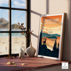 Framed Crater Lake National Park print on windowsill, retro travel poster, home decor