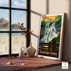 Framed Cuyahoga Valley National Park print on windowsill, with waterfall illustration