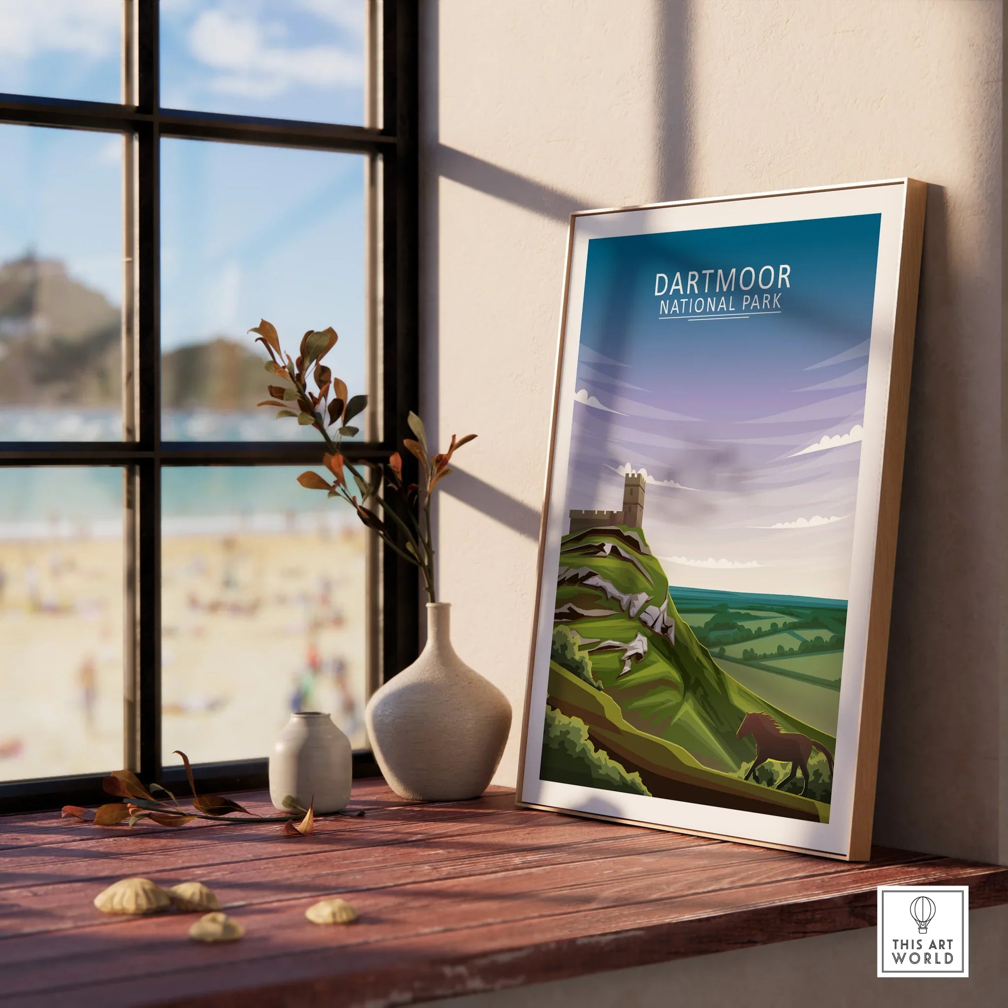 Dartmoor National Park framed print on a windowsill with vases and natural light