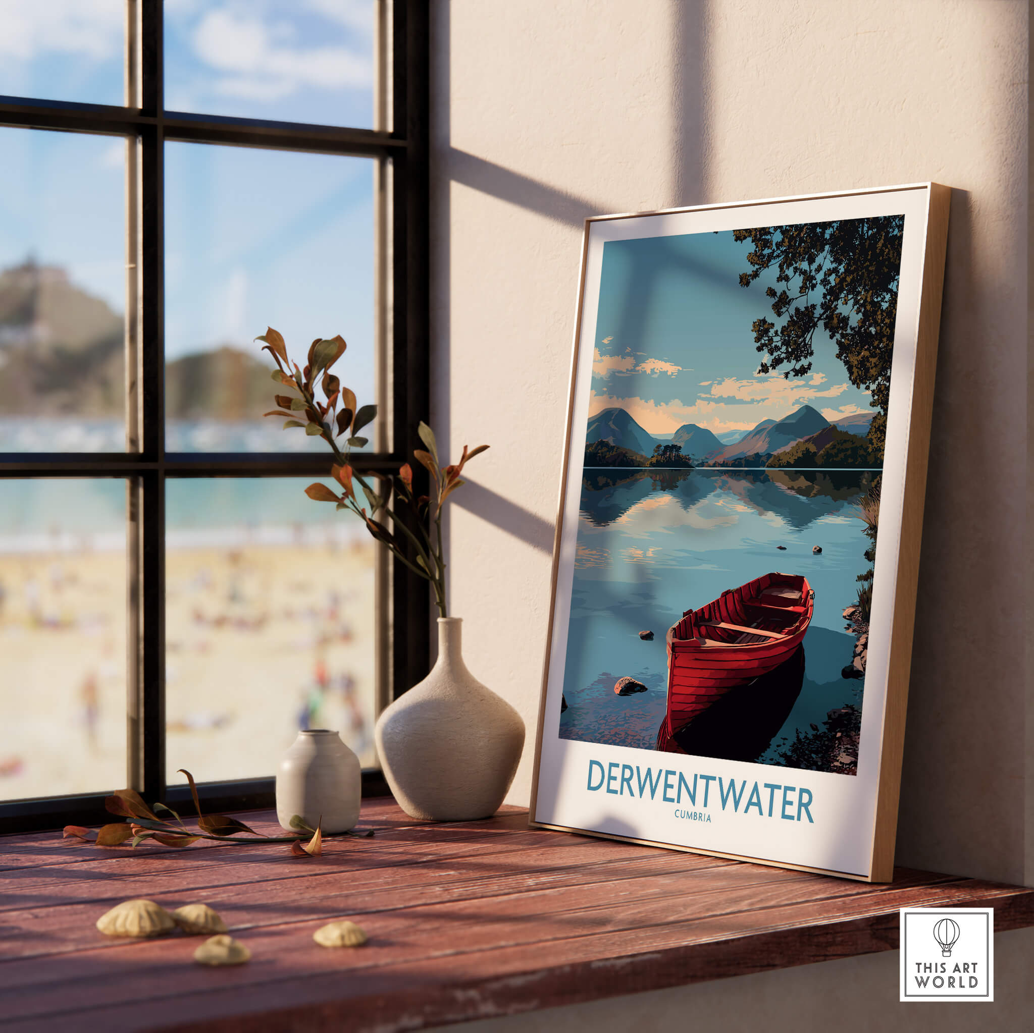 Derwentwater Cumbria Wall Art – Mountain Lake Landscape Print displayed in a sunlit room with a view of a tranquil lake.