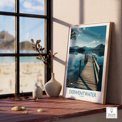 Derwentwater Cumbria Wall Art – Scenic Lake Pier Art Print displayed in a bright room next to a window.
