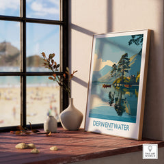 Derwentwater Cumbria Wall Art – Canvas Print framed on windowsill with serene lake view in the background.