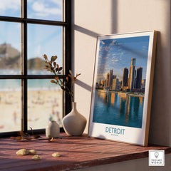 Detroit Michigan City Skyline Art Print | Renaissance Center Poster displayed on a wooden table near a window.