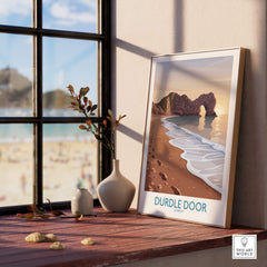 Durdle Door Dorset Wall Art – Canvas Poster showcasing a scenic view of the iconic limestone arch in a stylish interior setting.