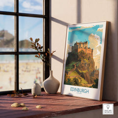 Edinburgh Print | Modern Style showcasing Edinburgh Castle inside a stylish interior with a beach view.