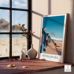 Frinton-on-Sea England Wall Art – Colorful Seaside Beach Hut Decor Print displayed in a bright indoor setting.