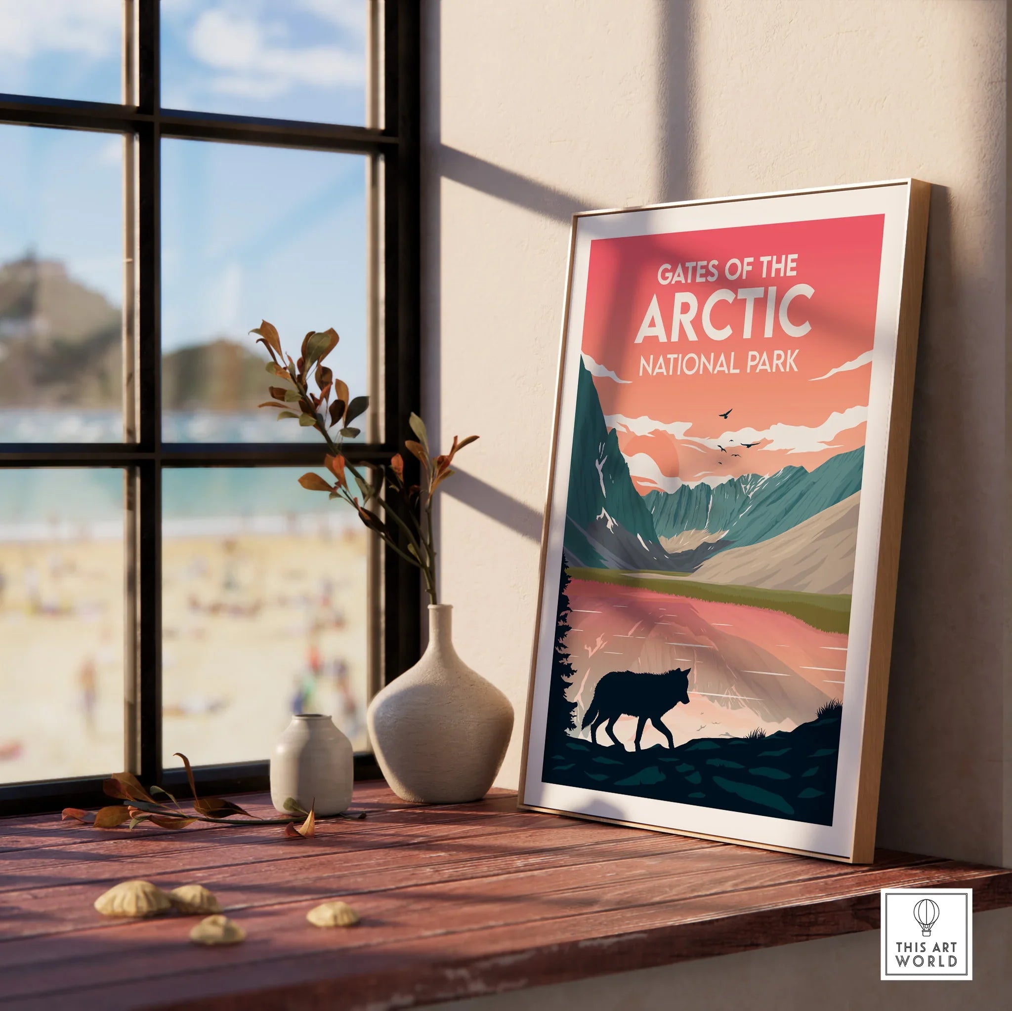 Gates of the Arctic National Park art print with wolf silhouette, framed on window ledge