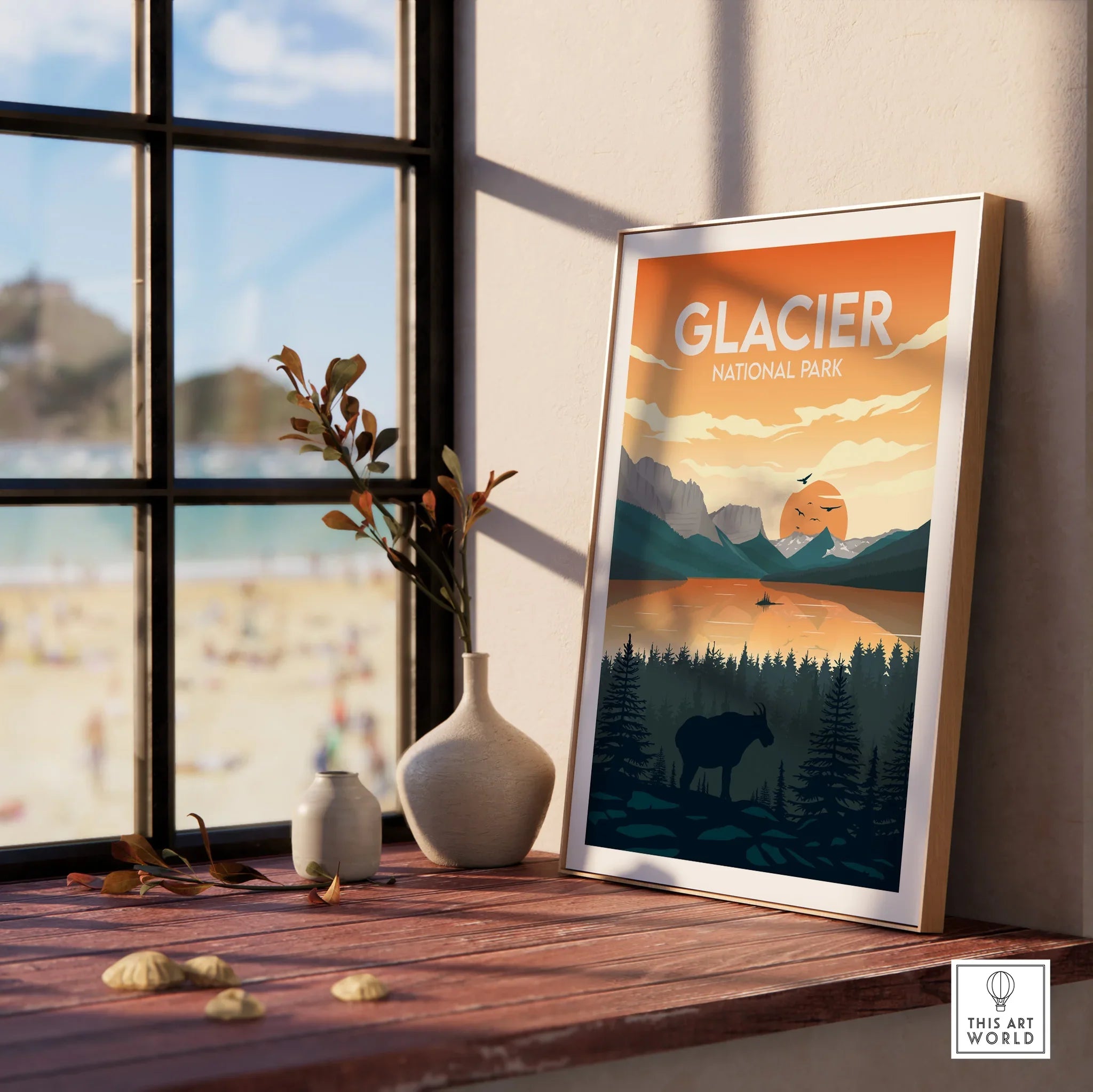 Framed Glacier National Park print on windowsill with vases, sunlight, and outdoor view