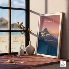 Glacier National Park framed print on windowsill with natural wood frame, modern decor