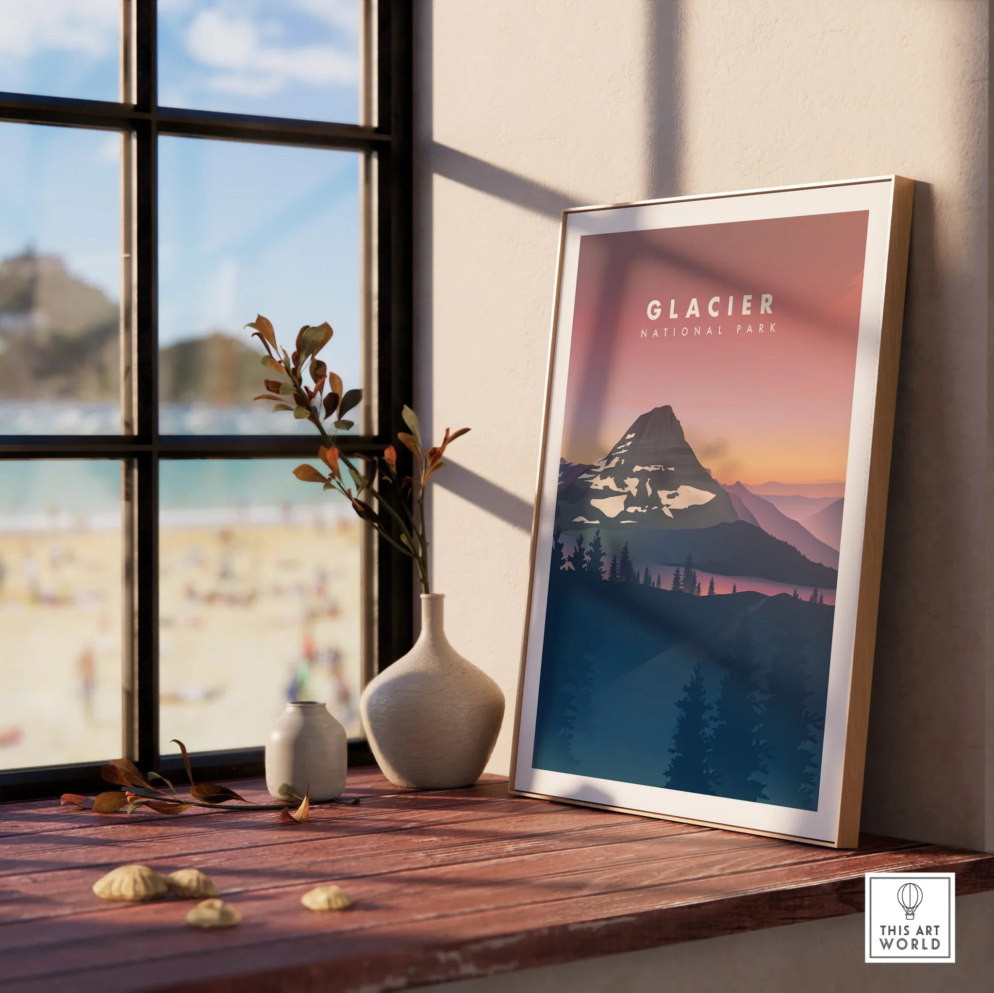 Glacier National Park framed print on windowsill with natural wood frame, modern decor