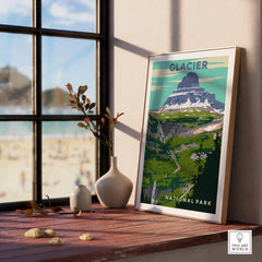 Framed Glacier National Park print with mountain art on window sill, natural wood frame, home decor