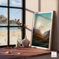Framed Glencoe National Park print on windowsill with vases, scenic landscape wall art