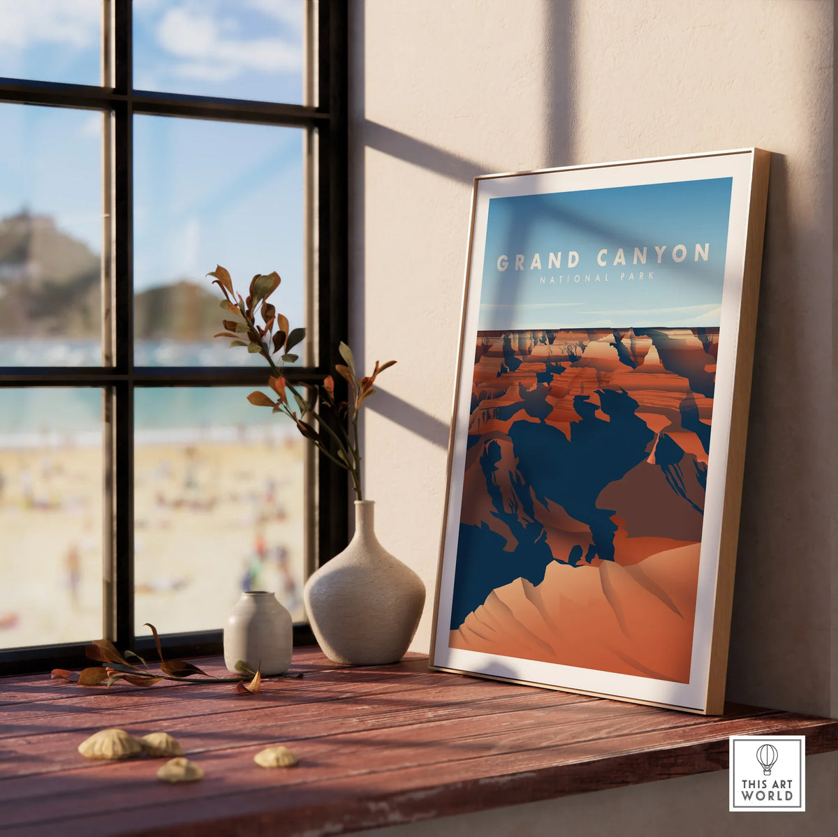 Framed Grand Canyon National Park art print on windowsill with decorative vases