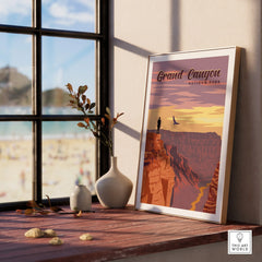Framed Grand Canyon National Park poster on a wooden windowsill with vases and natural light.