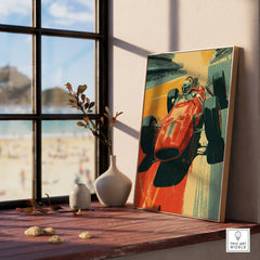 Framed racing car art print with natural wood frame on windowsill, modern home decor