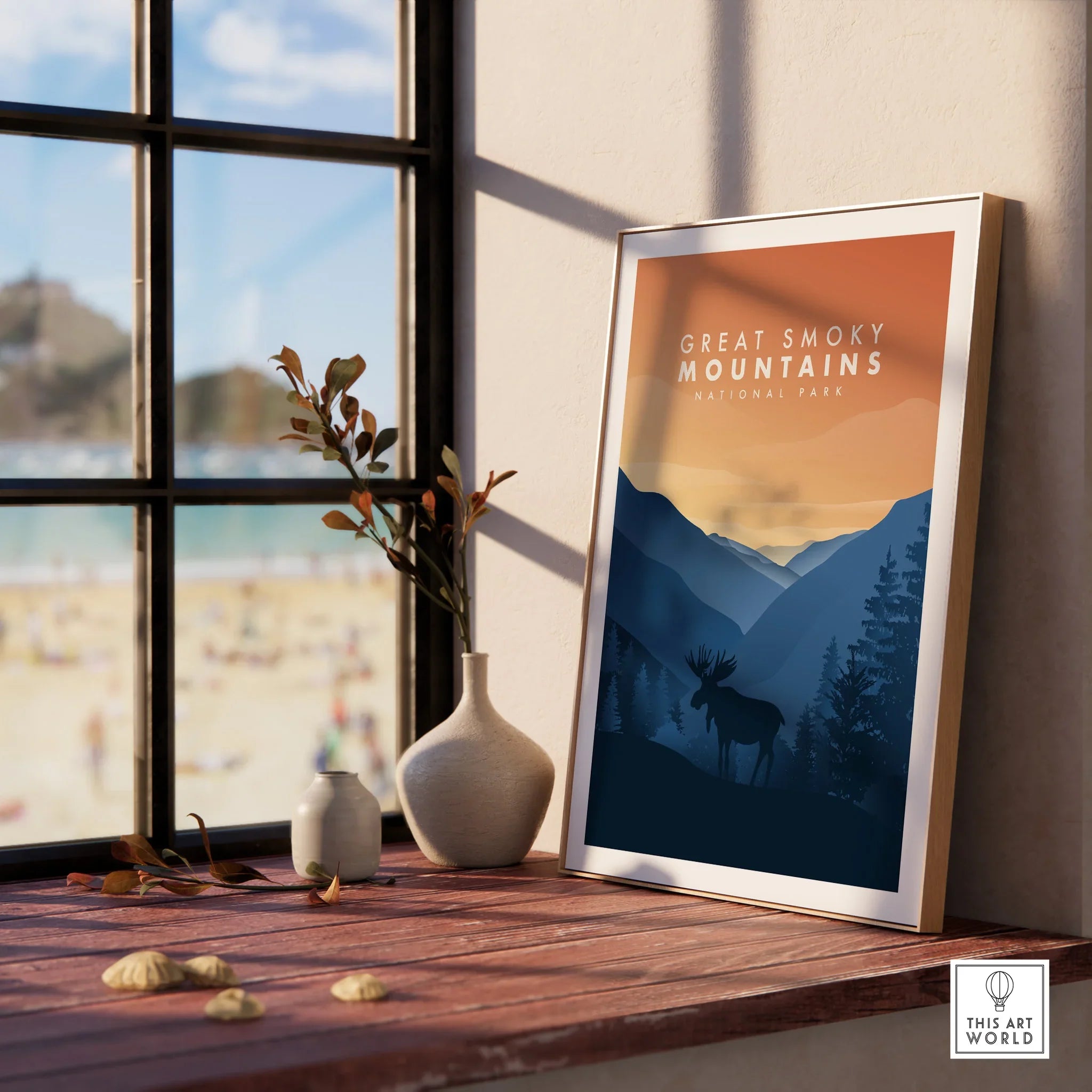 Great Smoky Mountains National Park art print in natural wood frame on windowsill with vases