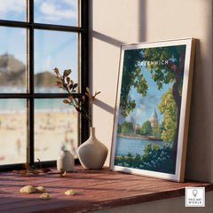 Framed Greenwich London travel poster on wooden windowsill with vases and beach view