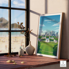 Greenwich London framed skyline art print on wooden windowsill with vases, beach view outside
