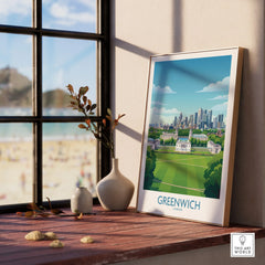 Framed Greenwich London city skyline art print on windowsill with modern vases