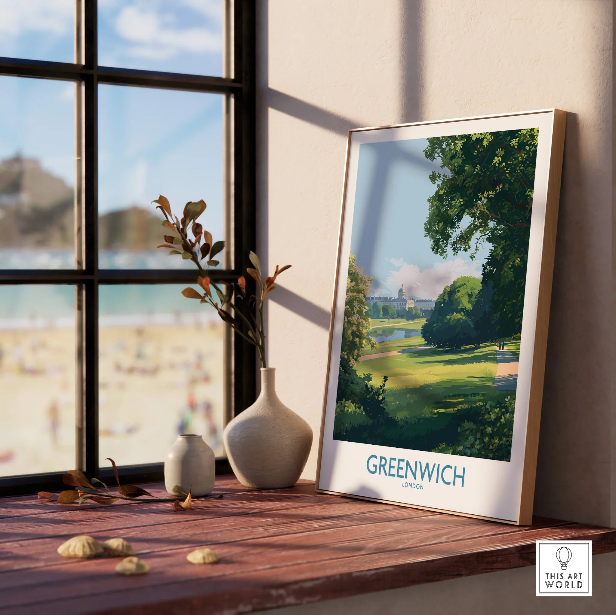 Greenwich London travel poster in natural wood frame on sunny windowsill with vases