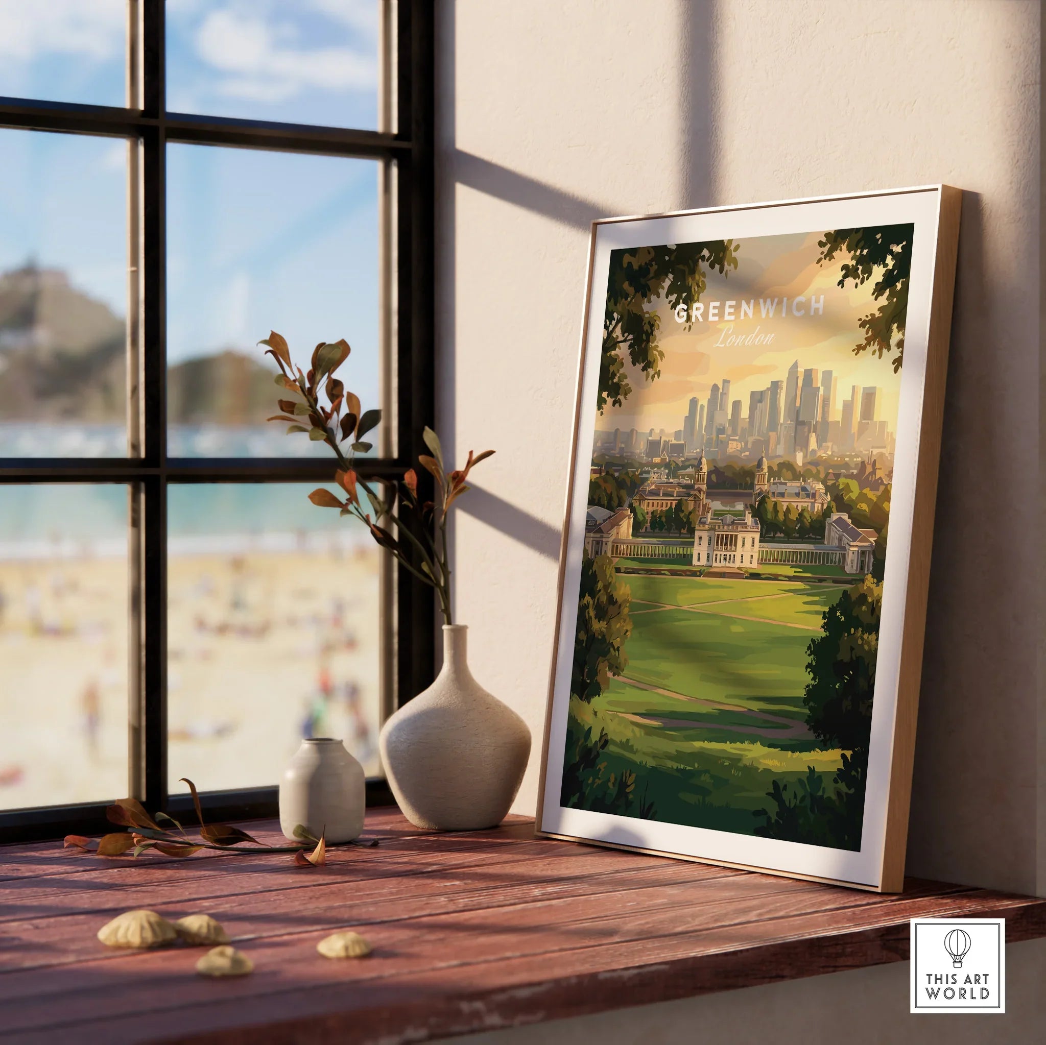 Framed Greenwich London travel poster on window ledge with vases and cityscape wall art
