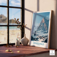 Grindelwald Switzerland Poster | Snowy Alps Mountain Scene Canvas Print displayed in a sunny interior with potted plants.