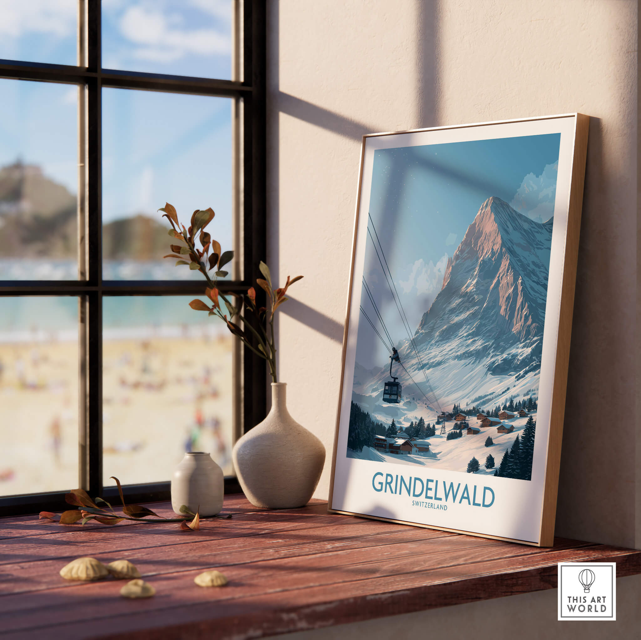 Grindelwald Switzerland Poster | Snowy Alps Mountain Scene Canvas Print displayed in a sunny interior with potted plants.