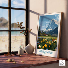 Grindelwald Switzerland Canvas Print | Scenic Swiss Village Landscape Poster displaying vibrant flowers and mountain view.