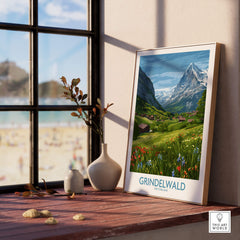 Grindelwald Switzerland Posters | Lush Green Mountain Valley Canvas Print displayed on a windowsill with a scenic background.