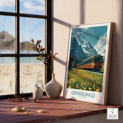 Grindelwald Switzerland Canvas Print | Swiss Alps Train Railway Scene Poster featuring a scenic train and mountains.