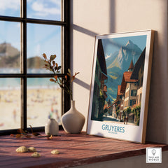 Gruyères Switzerland Poster | Historic European Town Architecture Canvas Print displayed on a wooden table by the window.