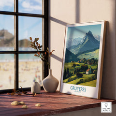 Gruyères Switzerland Canvas Print | Charming Swiss Countryside Scenery Poster displayed on a wooden table near a window.