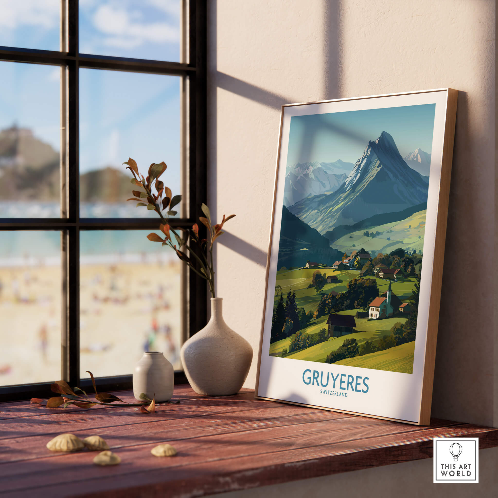 Gruyères Switzerland Canvas Print | Charming Swiss Countryside Scenery Poster displayed on a wooden table near a window.