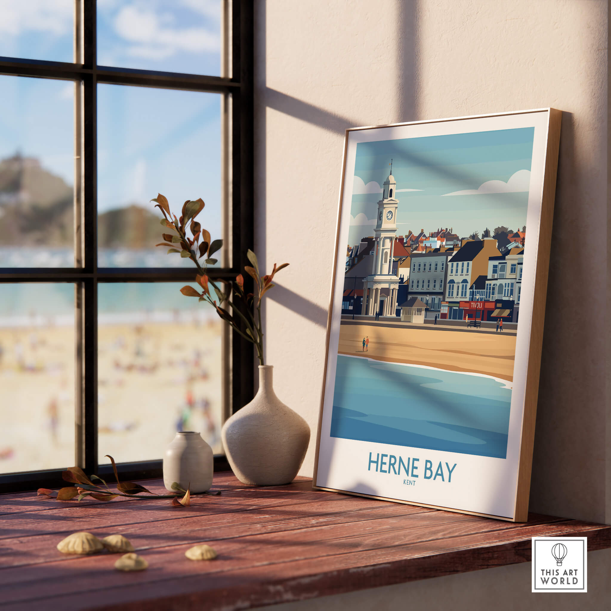 Herne Bay Kent Canvas Print Poster displayed on a wooden table by a window with a coastal view.