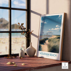 Holkham Beach Norfolk Poster | North Norfolk Shoreline Nature Canvas Print displayed in a cozy interior with a seaside view.