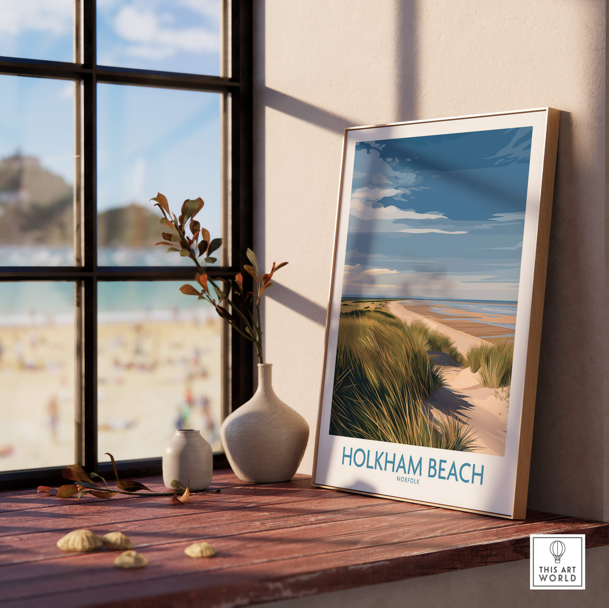 Holkham Beach Norfolk Canvas Print | Minimalist British Seaside Landscape Poster displayed by a window in a modern interior.