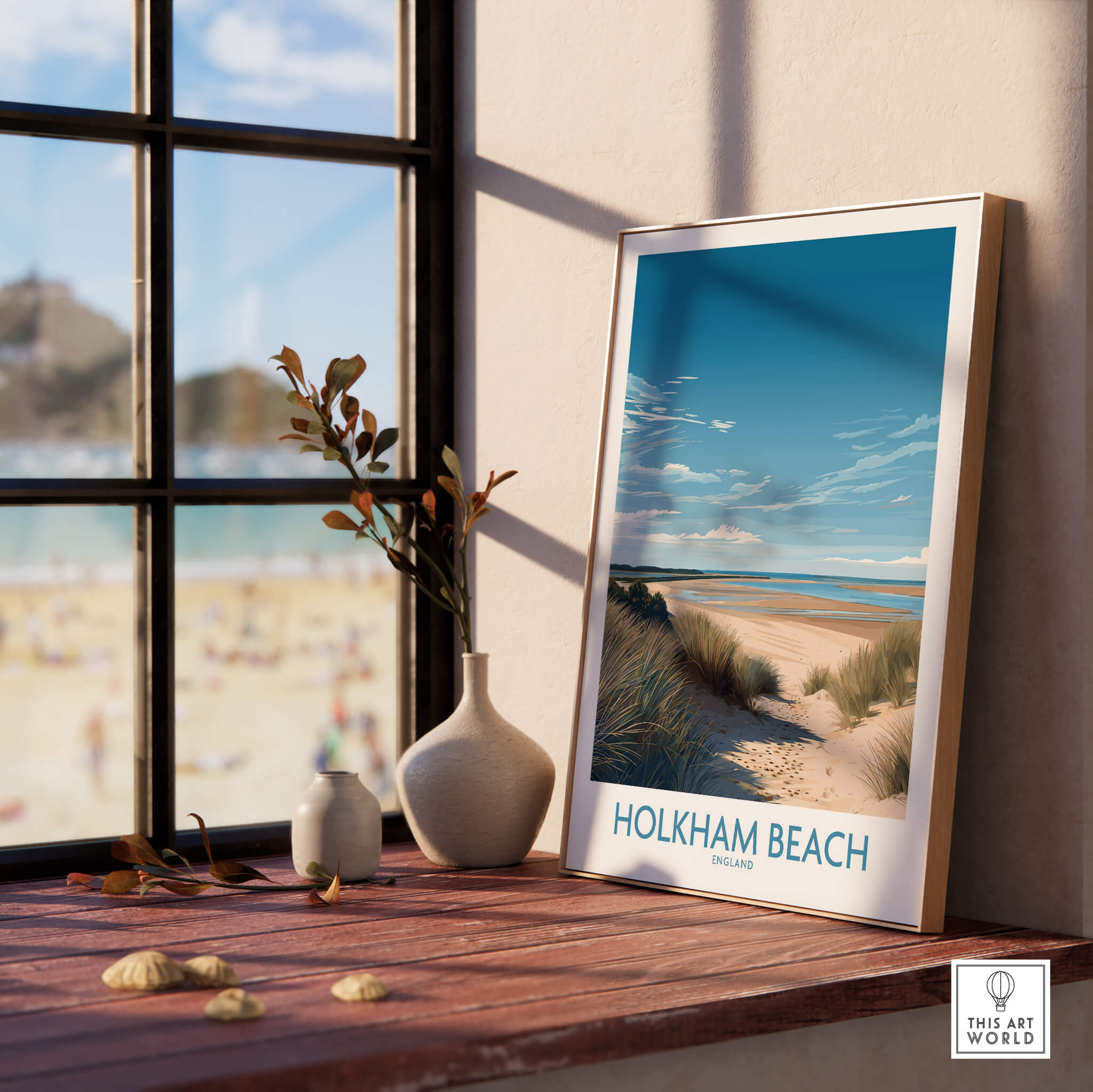 Holkham Beach Norfolk Poster | Serene Coastal Landscape Canvas Print displayed in a sunny room by a window.