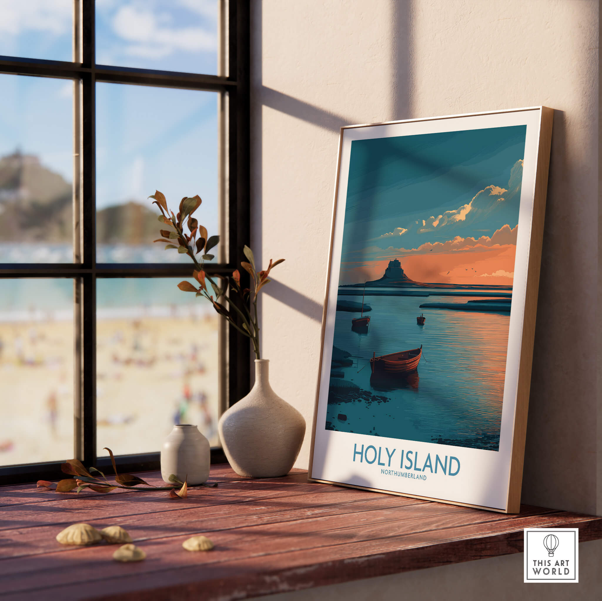 Holy Island Northumberland Poster | Coastal Castle Sunset Canvas Print displayed on a windowsill with coastal view.